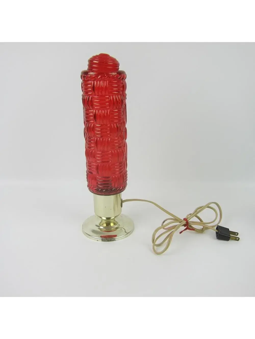 Vintage Torpedo Lamp Red Glass Basket Weave & Diamond Gold Base Art Deco WORKING
